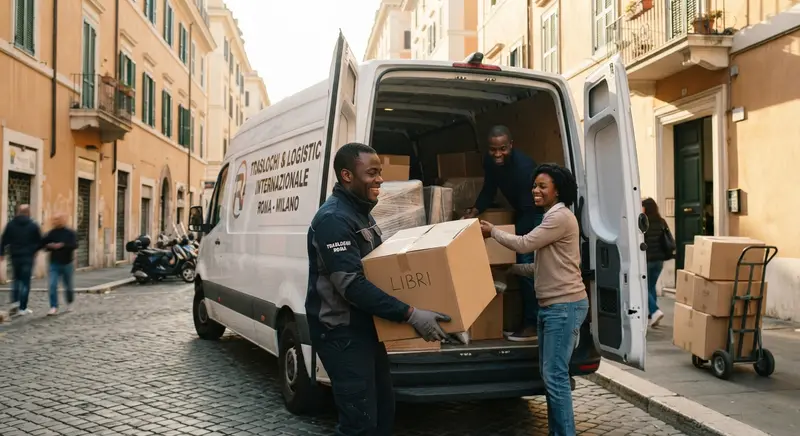 Movers loading boxes into a van