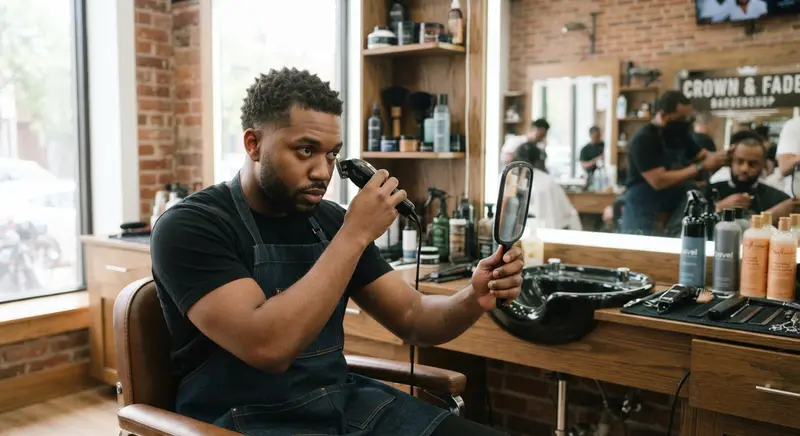 Barber trimming a client's beard